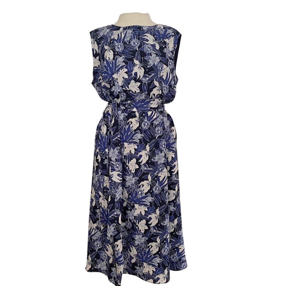 Lauren Ralph Lauren Floral Midi Dress Womens 12 Blue White Polyester Tie Waist